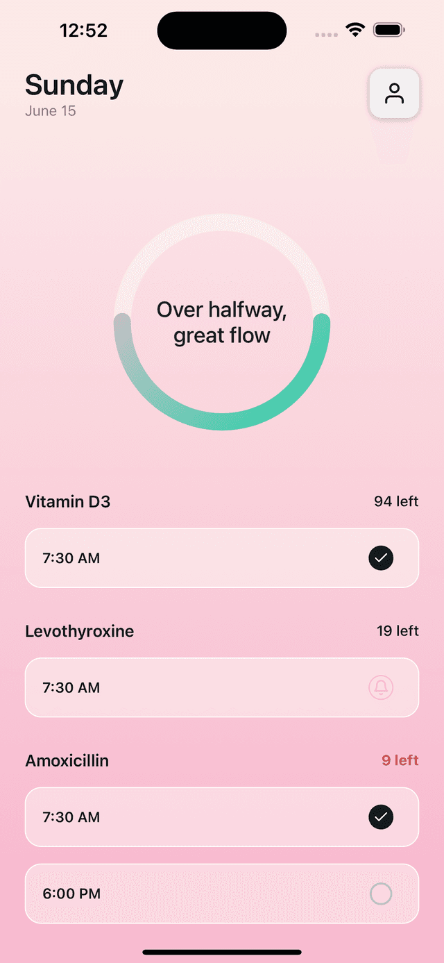 Dose app screenshot showing medication tracking for Vitamin D3, Levothyroxine, and Amoxicillin